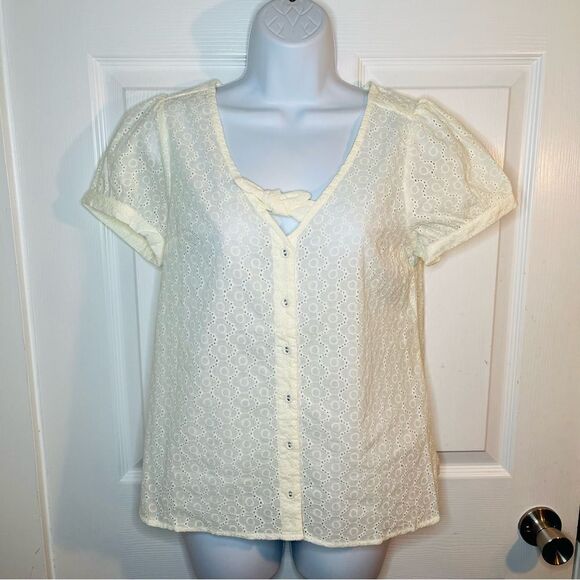 Modcloth Polished Touch Cotton Eyelet Blouse Puff Sleeves Tie Front Ivory S - Picture 6 of 13